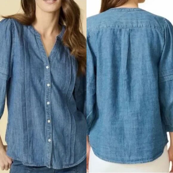 J. McLaughlin Laramie Linen Blend Chambray Balloon Sleeve Blouse Blue Size L - Picture 12 of 12